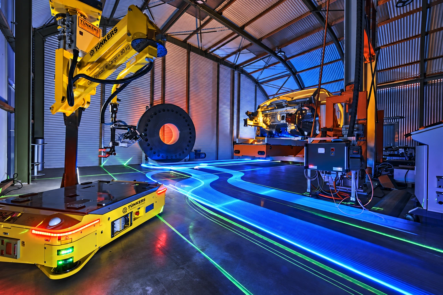 Automatisch geleid voertuig van Tünkers in een industriële omgeving