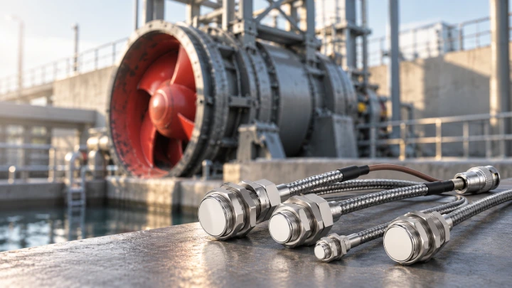 Illustratie van contactloze Eddy Current sensoren bij een industriële pomp voor asbewaking